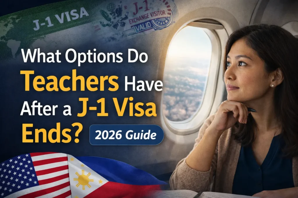 International teacher looking out of an airplane window while thinking about options after a J-1 visa program ends.