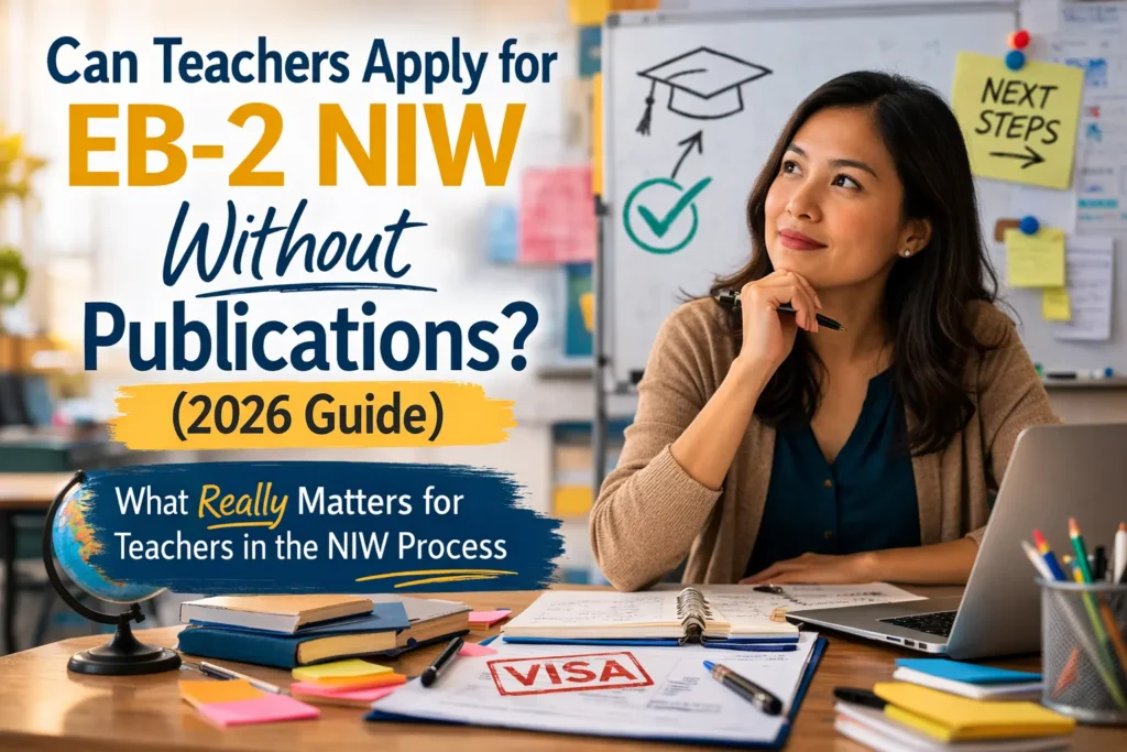 International teacher reviewing notes and planning immigration options while considering EB-2 NIW eligibility without publications.