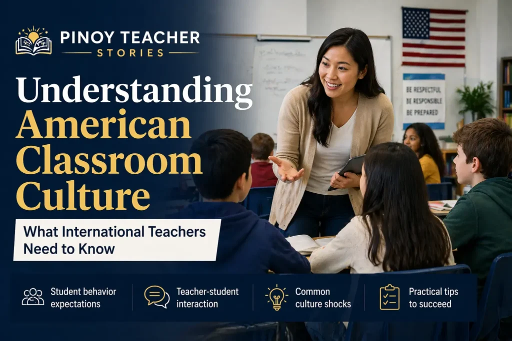 Understanding American classroom culture with a teacher engaging students in a U.S. classroom, highlighting student behavior, participation, and teacher-student interaction.