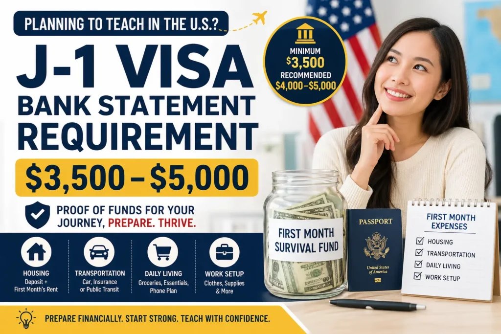J-1 visa bank statement requirement showing $3,500 to $5,000 for international teachers preparing to teach in the U.S., with first-month expense categories like housing, transportation, and daily living.