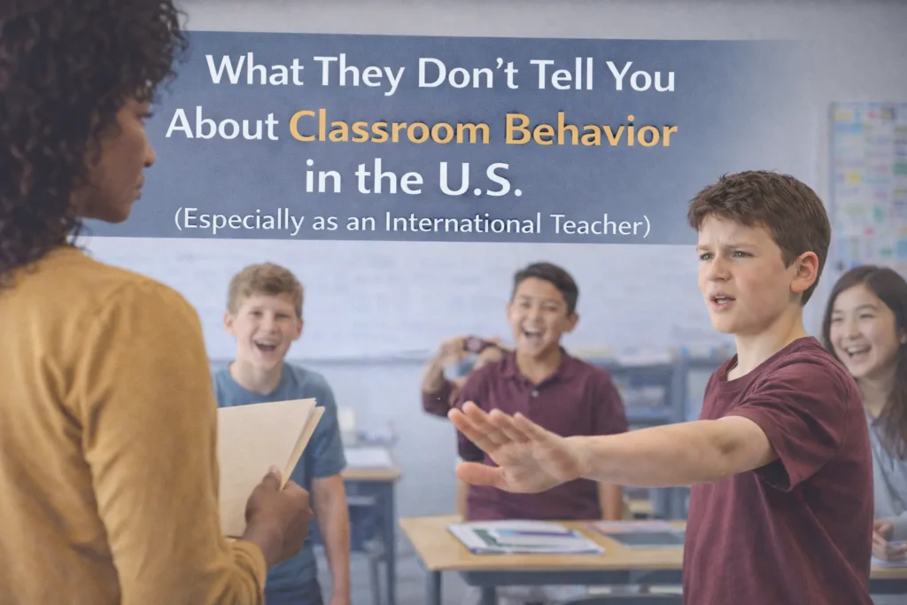 Teacher addressing a challenging student in a U.S. classroom while other students laugh, showing real classroom behavior dynamics.