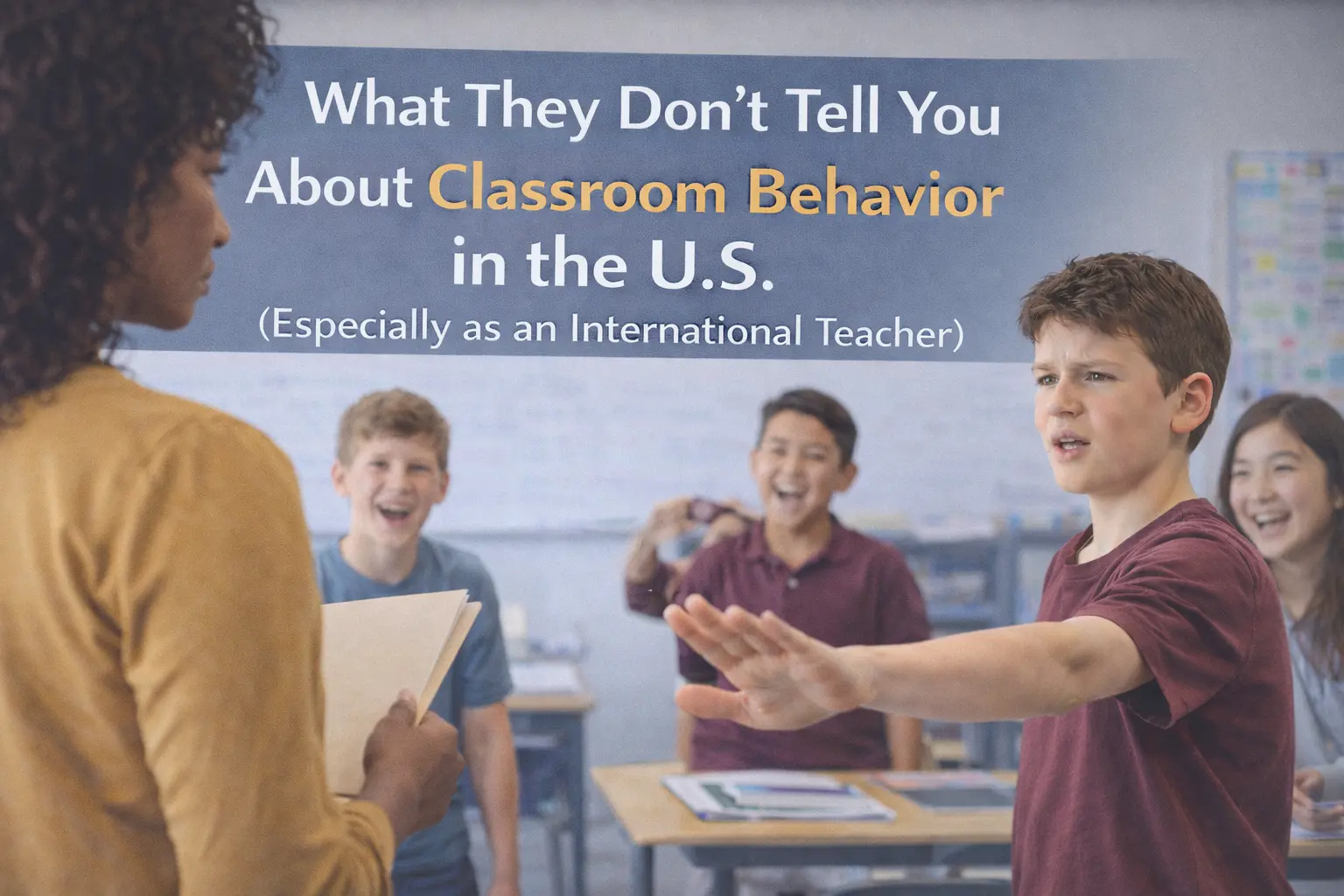 Teacher addressing a challenging student in a U.S. classroom while other students laugh, showing real classroom behavior dynamics.
