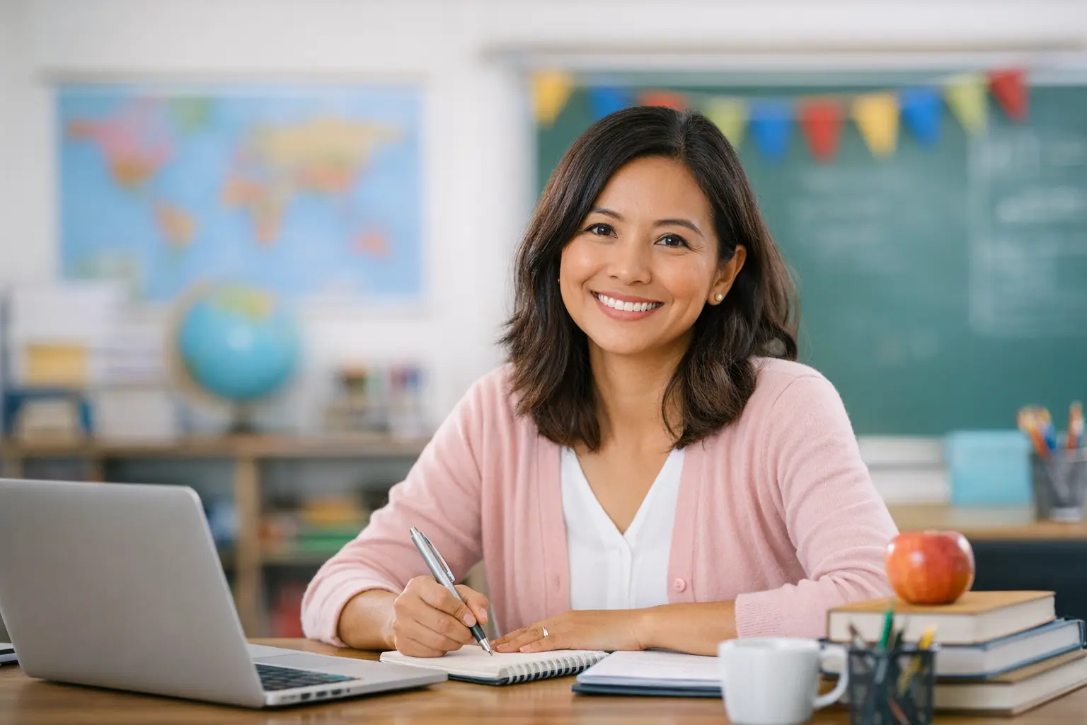 Smiling teacher representing J-2 dependents exploring work opportunities in the U.S.