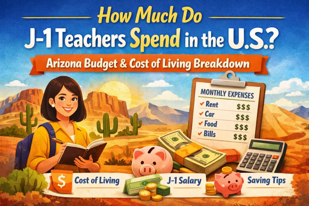 Illustration of a J-1 teacher in Arizona reviewing monthly expenses including rent, car, food, and bills with cost of living and salary comparison.